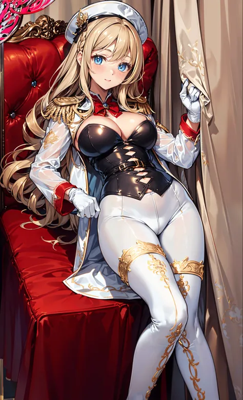 (( masterpiece)),(( top quality combat bed)),(( 8,000)),(( fantastic art )),(alone), 1  girl,The girl's figure ，perfect face, Fantasy World,((black and grey half-body military uniform)),((white general's hat)),((Blonde curly hair)), Bazihu , ((compression ...