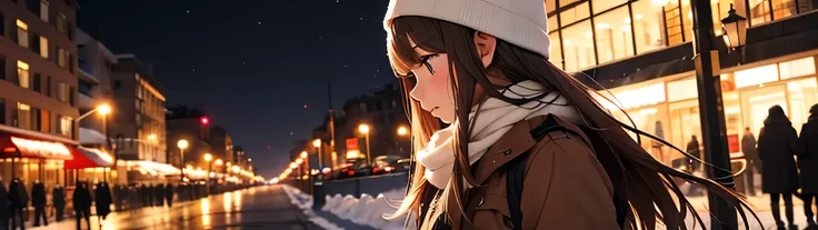 masterpicece, best quaility, winter, night, walking , city, girl, brown long hair, pure white breath, red muffler, profile, close-up, a faint atmosphere