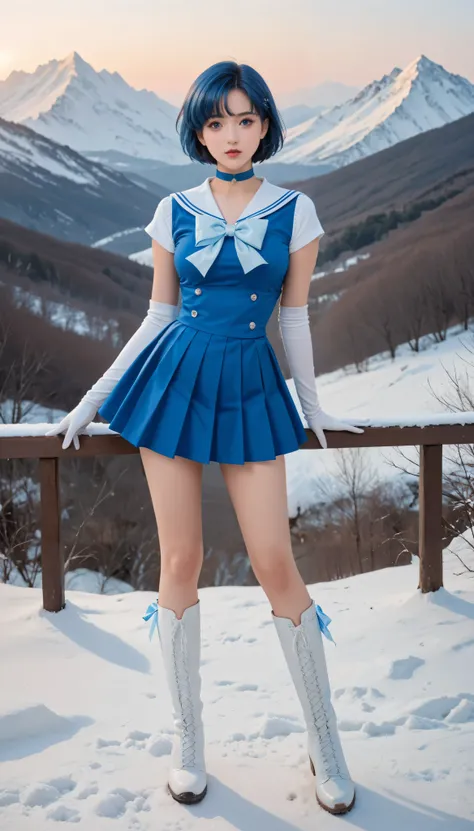 full body,score_9,score_8_up,score_7_up,8k,pretty face,detailed face,detailed eyelashes,heavy make-up,dynamic pose,outdoors,sunset,snow mountain,large breasts,slim waist,wide hips,1girl,((intricate)), sailor mercurry, russian girl, ((blue hair)), short hai...