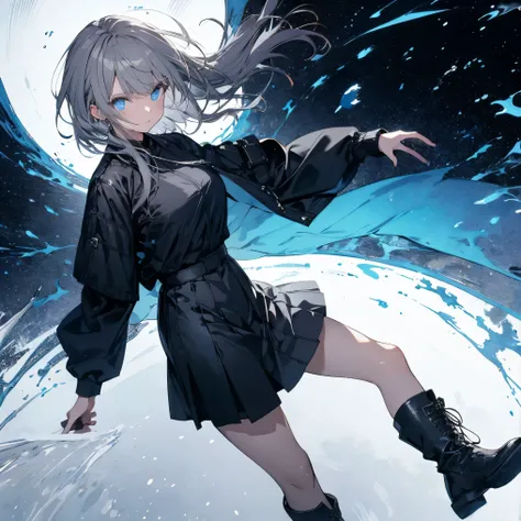 【TOP QUALITY, table top】 [one girl,  comments,  expressionless,  positive for home, ( Grey Hair:1.5), straight hair , (shortcuts:1.4),( blue eyes:1.3), Oversized Black Jacket , black skirt,  long boots、Dynamic Pose