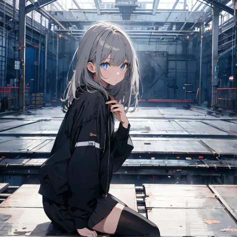 【TOP QUALITY, table top】 [one girl,  comments,  expressionless,  positive for home, ( Grey Hair:1.5), straight hair , (shortcuts:1.4),( blue eyes:1.3), Oversized Black Jacket , black skirt,  long boots、Dynamic Pose