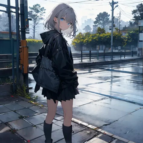 【TOP QUALITY, table top】 [one girl,  comments,  expressionless,  positive for home, ( Grey Hair:1.5), straight hair , (shortcuts:1.4),( blue eyes:1.3), Oversized Black Jacket , black skirt,  long boots、Dynamic Pose