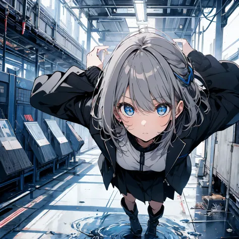 【TOP QUALITY, table top】 [one girl,  comments,  expressionless,  positive for home, ( Grey Hair:1.5), straight hair , (shortcuts:1.4),( blue eyes:1.3), Oversized Black Jacket , black skirt,  long boots、Dynamic Pose