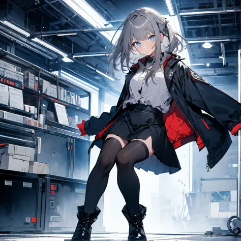 【TOP QUALITY, table top】 [one girl,  comments,  expressionless,  positive for home, ( Grey Hair:1.5), straight hair , (shortcuts:1.4),( blue eyes:1.3), Oversized Black Jacket , black skirt,  long boots、Dynamic Pose