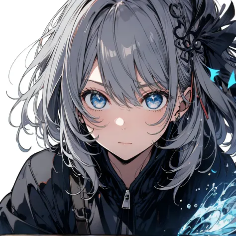 【TOP QUALITY, table top】 [one girl,  comments,  expressionless,  positive for home, ( Grey Hair:1.5), straight hair , (shortcuts:1.4),( blue eyes:1.3), Oversized Black Jacket , black skirt,  long boots、Dynamic Pose