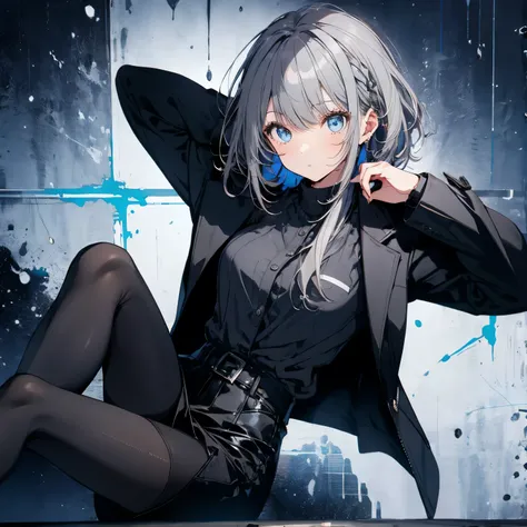 【TOP QUALITY, table top】 [one girl,  comments,  expressionless,  positive for home, ( Grey Hair:1.5), straight hair , (shortcuts:1.4),( blue eyes:1.3), Oversized Black Jacket , black skirt,  long boots、Dynamic Pose