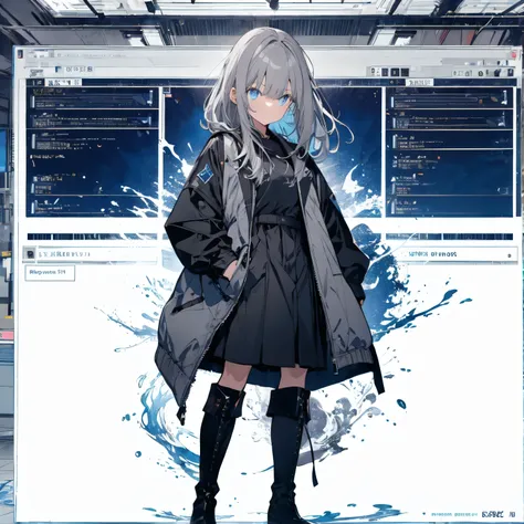 【TOP QUALITY, table top】 [one girl,  comments,  expressionless,  positive for home, ( Grey Hair:1.5), straight hair , (shortcuts:1.4),( blue eyes:1.3), Oversized Black Jacket , black skirt,  long boots、Dynamic Pose