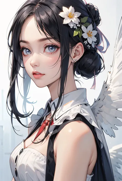 fairytale, wings, twin bun hair, black hair, grey eyes