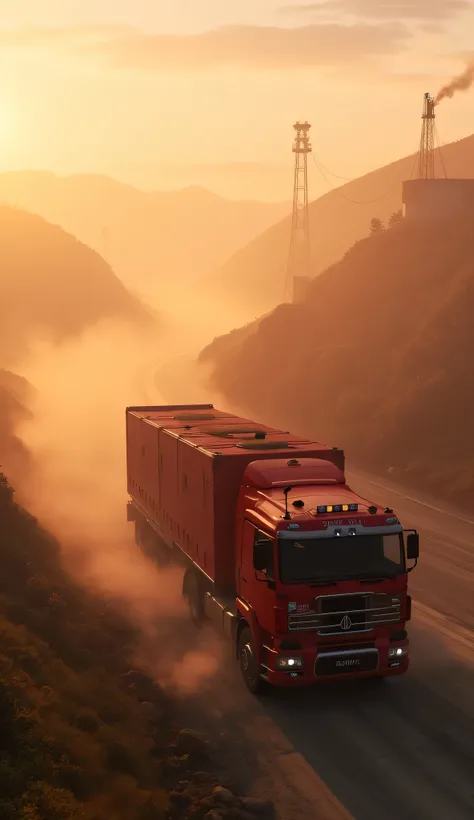 Surreal movie lens, drone, aerial perspective, red heavy truck breaking through morning fog, dynamic motion blur, golden morning light and orange mist, industrial aesthetic texture, 8K ultra-clear detail, Unreal Engine 5 rendering, wide-angle lens distorti...