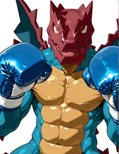 druddigon, high quality, male, solo, white background, no background, looking at viewer, posing, half body, muscular, wearing cyan boxing_gloves, pov_boxing, boxing posture, boxing stance, front view, speaking