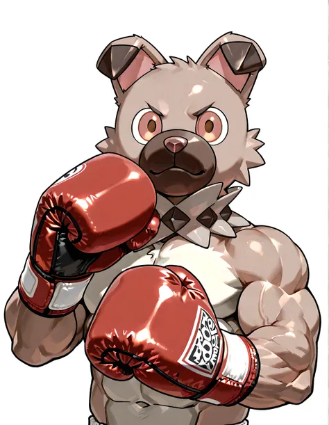 rockruff, high quality, male, solo, white background, no background, looking at viewer, posing, half body, muscular, wearing brown boxing_gloves, pov_boxing, boxing posture, boxing stance, front view,