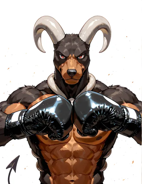 houndoom, curved horn, horns, black fur, brown fur, high quality, male, solo, white background, no background, looking at viewer, posing, half body, muscular, wearing black boxing_gloves, pov_boxing, boxing posture, boxing stance, front view,