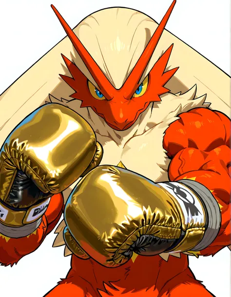 Blaziken_(Pokemon), Yellow Scelera, Colored Scelera, Anthro Pokemon, high quality, male, solo, white background, no background, looking at viewer, posing, half body, muscular, wearing copper boxing_gloves, pov_boxing, boxing posture, boxing stance, front v...