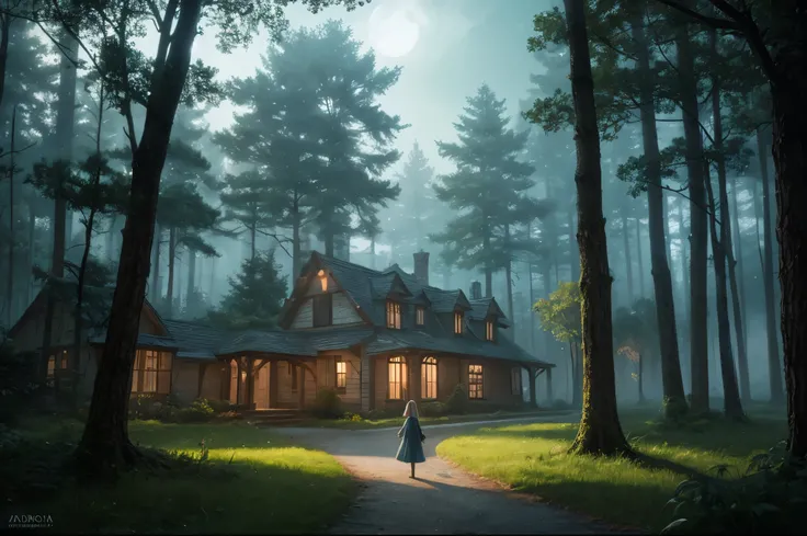  nighttime scene of a house in the woods with a path,   beautiful rendering of a fairy tale , realistic  fantasy rendering by Andreas Rocha , Fantasy House, inspired  by Andreas Rocha ,  Andreas Rocha style ,  cozy and enchanting scene,  drawn by Andreas R...