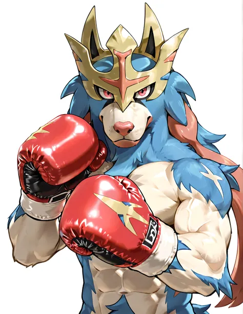 Zacian, Anthro, Crowned form, crown, high quality, male, solo, white background, no background, looking at viewer, posing, half body, muscular, wearing pink boxing_gloves, pov_boxing, boxing posture, boxing stance, front view,