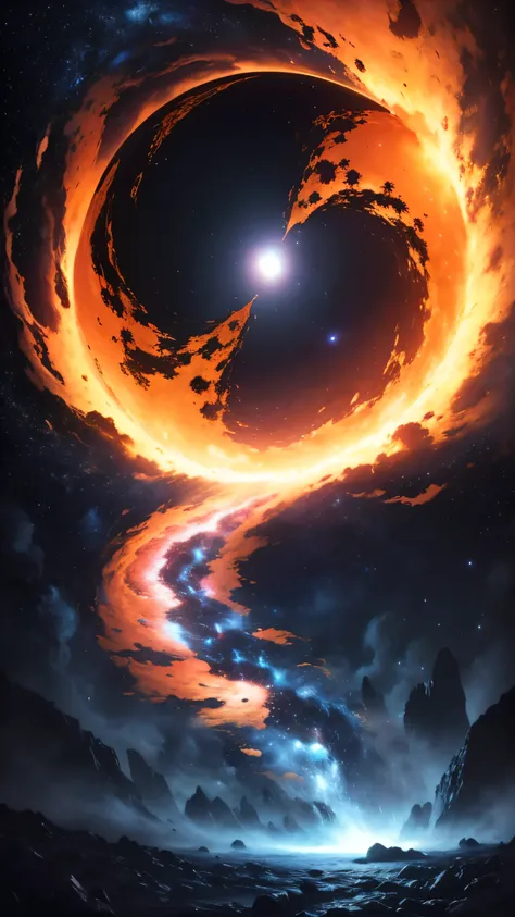 (best quality, 4K, 8K, highres, masterpiece:1.5), ultra-detailed, (realistic, photorealistic, photo-realistic:1.5), a massive black hole surrounded by a swirling accretion disk of glowing orange and electric blue plasma. Gigantic asteroids slowly orbit the...