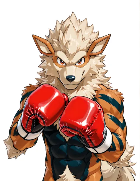 arcanine, high quality, male, solo, white background, no background, looking at viewer, posing, half body, muscular, wearing boxing_gloves, pov_boxing, boxing posture, boxing stance, front view,