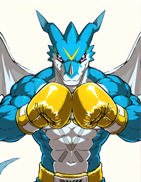 exv33mon, digimon (creature), high quality, male, solo, white background, no background, looking at viewer, posing, half body, muscular, wearing golden boxing_gloves, pov_boxing, boxing posture, boxing stance, front view, wings