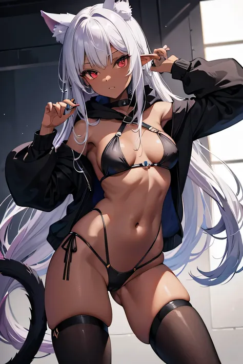 A photo of her focusing on her abdomen from below the front.
She has very dark brown skin like a dark elf.

She wears a hoodie with quite a few sleeves and length.
Her head has cat ears and a long tail sticks out of her butt.
Her hand is worn by a costume ...