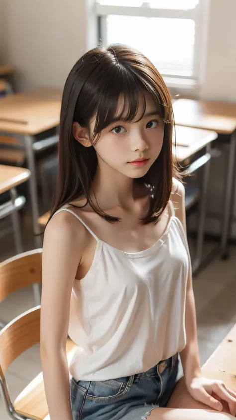 1 girl, loose chest camisole,shy,Long bangs,In the classroom