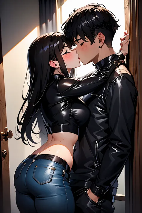 Young boy wearing a black leather jacket pulled off his shoulders kissing and making out with a sexy woman with long wavy black brown hair wearing an unbuttoned black shirt pulled off her shoulders showcasing her black lacy bra and jeans in a secluded corn...