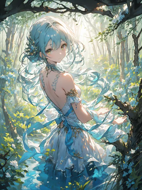 アニメのイラストHigh quality 、  is amazing、  beautiful face、pianist、tree々Spring sunshine passing through  、  Grand piano  、 lakeside、  beautiful face、 wet eyes hidden in sorrow  、  masterpiece、 moss,  Grapevine、、 high resolution,   masterpiece,  anatomically accur...