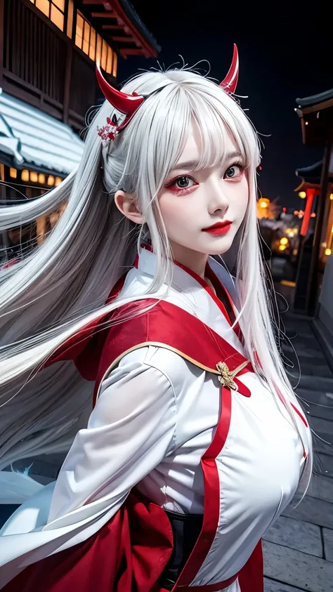 "1girl, long white hair, white coat, horns, white eyes, red lips, female focus, behind is the door to another world, the door emits a charming light, the full moon in the sky, she looks at the audience, upper body, a ball of energy condensed in one hand, e...