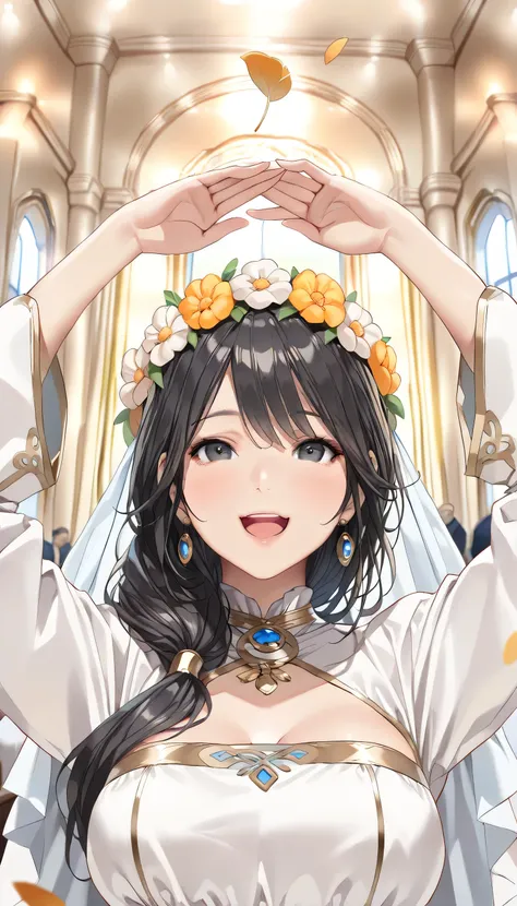 A beautiful mature woman is wearing a priestess costume, long flowing black hair decorated with flower crowns, DYNAMIC UPPER BODY POSE, ( detailed face and eyes :1.5), medium bust above infecti,  happy expression in a high room, Old-fashioned illustration,...