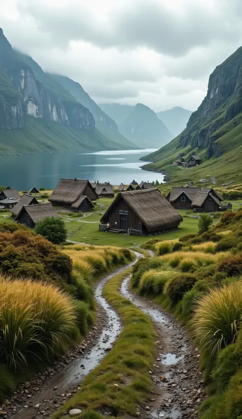 **Prompt:** ancient medieval era, Capture a stunning ultra-definition panoramic photograph that embodies the essence of a hyper-realistic crowdy Viking tribe village settlement nestled in a serene fjord open sea and small rivers wave. Viking traditional tr...