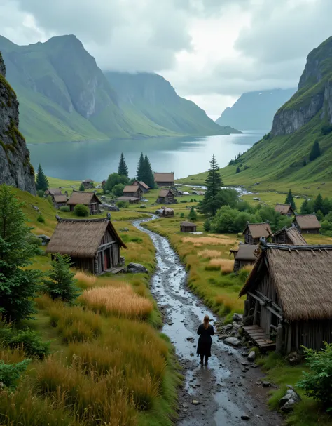 **Prompt:** ancient medieval era, Capture a stunning ultra-definition panoramic photograph that embodies the essence of a hyper-realistic crowdy Viking tribe village settlement nestled in a serene fjord open sea and small rivers wave. Viking traditional tr...