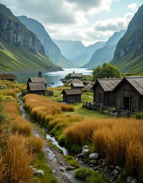 **Prompt:** ancient medieval era, Capture a stunning ultra-definition panoramic photograph that embodies the essence of a hyper-realistic crowdy Viking tribe village settlement nestled in a serene fjord open sea and small rivers wave. Viking traditional tr...