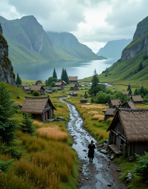 **Prompt:** ancient medieval era, Capture a stunning ultra-definition panoramic photograph that embodies the essence of a hyper-realistic crowdy Viking tribe village settlement nestled in a serene fjord open sea and small rivers wave. Viking traditional tr...