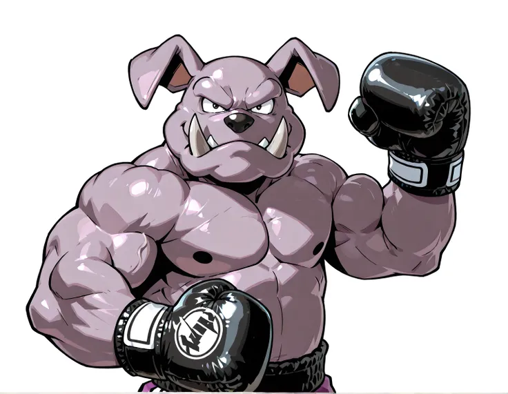 granbull, high quality, male, solo, white background, no background, looking at viewer, posing, half body, muscular, wearing black boxing_gloves, pov_boxing, heavyweight body, flexing