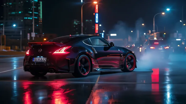 A dynamic ultra HD 8K image of a Nissan Z 2023 drifting on an empty road at night, with neon city lights reflecting on its body. Smoke rises from the tires as the rear wheels spin, emphasizing the car’s rear-wheel-drive performance.  
