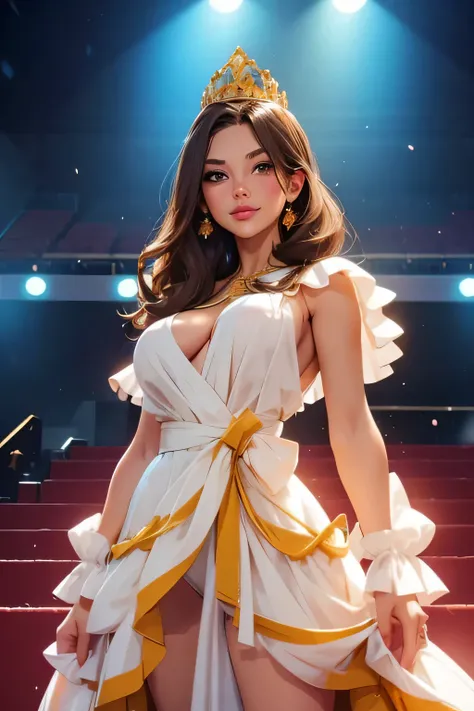 Photo.  beautiful girl  . Height 170 cm .  She's after plastic surgery .  bimbo .  A woman with brown hair  , 20 years .  amber eyes .   breast size 2 . She participates in a student beauty pageant on stage in an auditorium on stage with other girls . Ther...