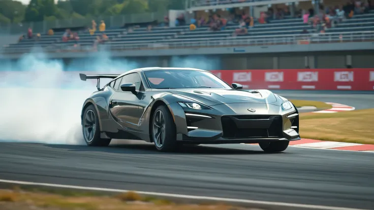 A high-resolution shot of the Nissan Z 2023 drifting around a corner on a racetrack, leaving a trail of tire smoke behind. The car's suspension and aerodynamics work together seamlessly as it powers through the curve. The background features a modern race ...