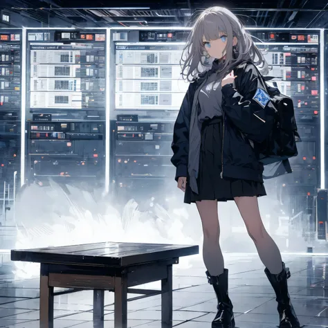 【TOP QUALITY, table top】 [one girl,  comments,  expressionless,  positive for home, ( Grey Hair:1.5), straight hair , (shortcuts:1.4),( blue eyes:1.3), Oversized Black Jacket , black skirt,  long boots、Dynamic Pose