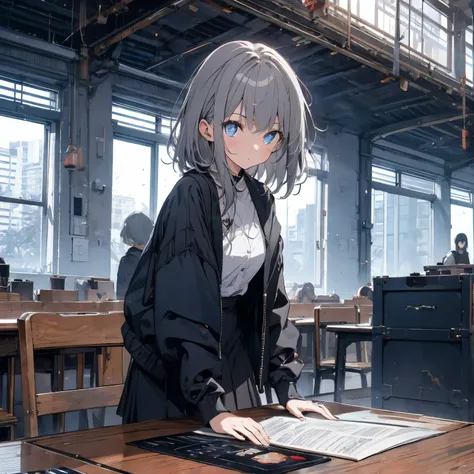 【TOP QUALITY, table top】 [one girl,  comments,  expressionless,  positive for home, ( Grey Hair:1.5), straight hair , (shortcuts:1.4),( blue eyes:1.3), Oversized Black Jacket , black skirt,  long boots、Dynamic Pose