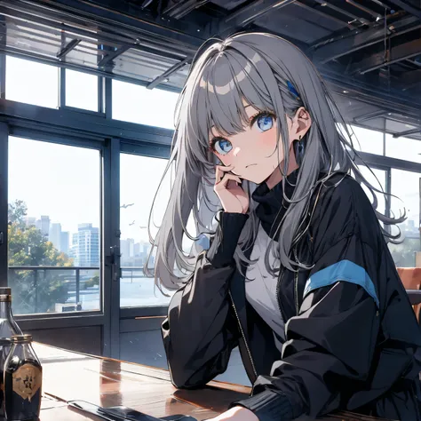 【TOP QUALITY, table top】 [one girl,  comments,  expressionless,  positive for home, ( Grey Hair:1.5), straight hair , (shortcuts:1.4),( blue eyes:1.3), Oversized Black Jacket , black skirt,  long boots、dynamic poses