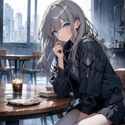 【TOP QUALITY, table top】 [one girl,  comments,  expressionless,  positive for home, ( Grey Hair:1.5), straight hair , (shortcuts:1.4),( blue eyes:1.3), Oversized Black Jacket , black skirt,  long boots、Dynamic Pose