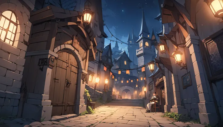  Source Anime,  最high quality, high quality, detailed, High resolution, 8k, 超High resolution, Soft Saturation, Professional Quality, Perfect contrast, Perfect lighting, fantasy setting, medieval city gates at night, dark night, torchlights watchtower, 1man...