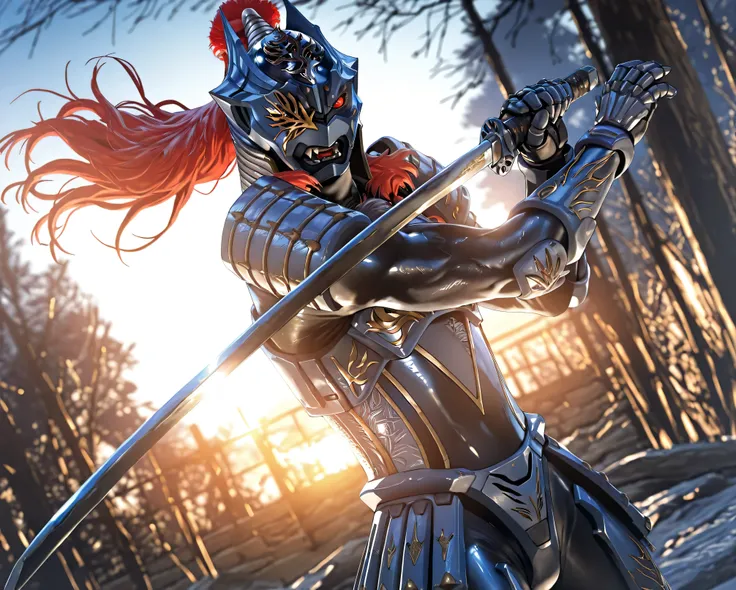 masterpiece, best quality, official art, detailed, realistic, game cg, ultra-detailed, beautiful detailed eyes, very aesthetic, solo, furry male, shiny skin, (Zamushar), red hair, (pitch black body), white pupils, fangs, uneven eyes, (one-eyed:1.2), chest ...