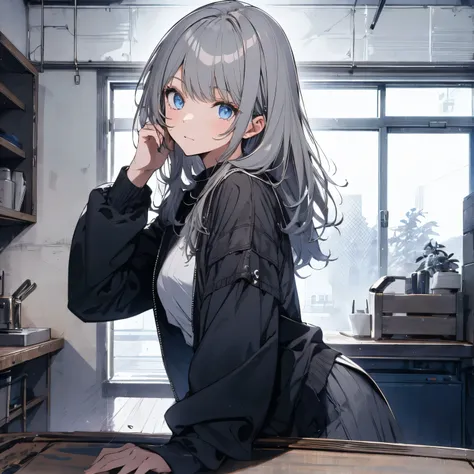 【TOP QUALITY, table top】 [one girl,  comments,  expressionless,  positive for home, ( Grey Hair:1.5), straight hair , (shortcuts:1.4),( blue eyes:1.3), Oversized Black Jacket , black skirt,  long boots、dynamic poses