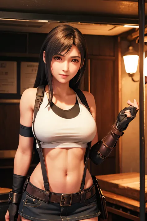 (, blush, 20yo, narrow eyes) (Photorealistic: 1.4), Solo, Top Quality, Very Delicate and Beautiful, High Definition, 1girl, tifa_lockhart, Smile, Cowboy Shot, Suspenders, Low Rise, Mini Skirt, Tank Top, Tense Shirt, Black Hair, Long Hair, Elbow Gloves, Bea...