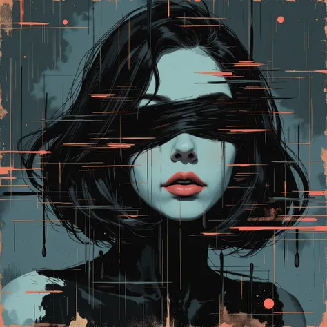 art glitch abstrait d'un visage de femme sous la pluie, art de style Mike Mignola
