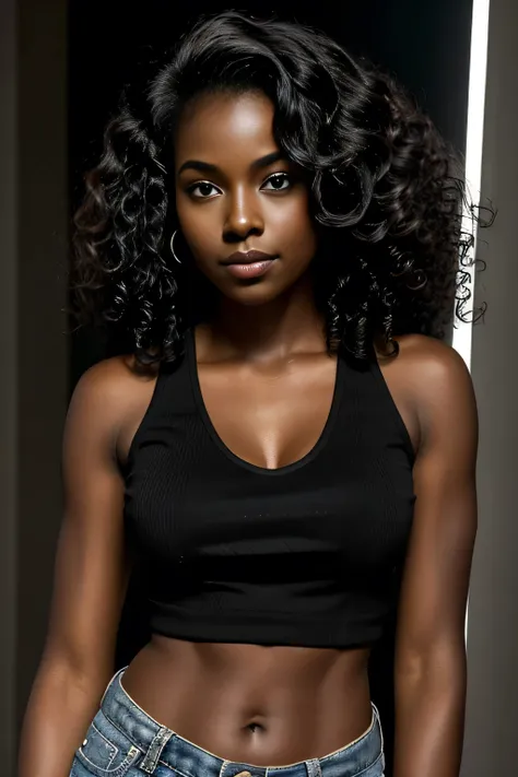 SFW, (masterpiece, best quality), dark skin, ebony 1girl, beautiful face, Kimberly_jackson, confused, tanktop, freely wavy hair, wavy hair, upper body, belly showing, hands on hips