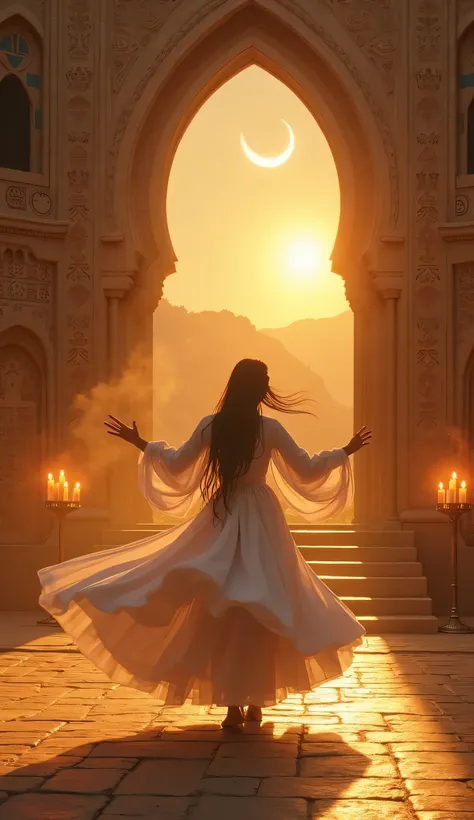 Create an image prompt for a high-quality Sufi life visual for YouTube Shorts:

"A mystical Sufi scene with a whirling dervish spinning gracefully in a flowing white robe under a golden sunset. The atmosphere is serene, with soft candlelight flickering aro...