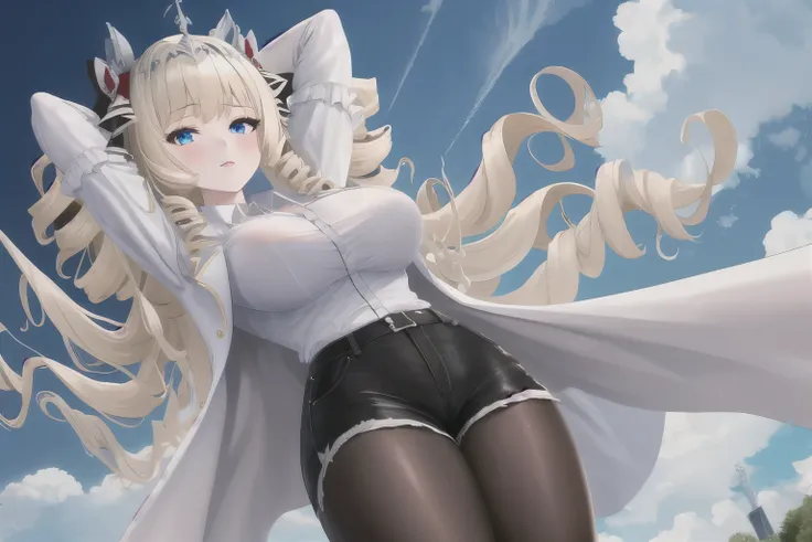  masterpiece, TOP QUALITY, 1 girl, Alone, Nickel Crown, tiara,  hair bow,   drill hair , Drill's Lock, white jacket, white shirt,  Blog, High Waist Shorts, pantyhose,  gloves,  frill shirt , place your arms behind your head, angle from below,  big breasts,...