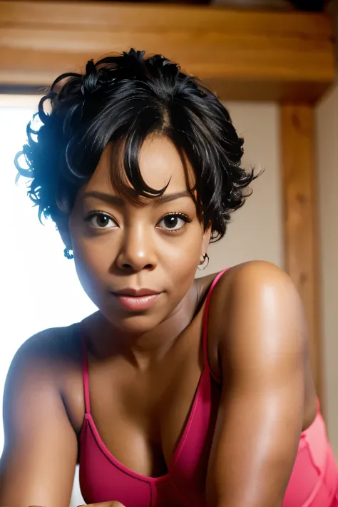 realistic photo portrait of {Tichina Arnold, (Medium Haircut for Curly Hair)}, Action {Prostration pose (Prone POSE)) (cute suggestive sitting pose (M))}, soft and smooth skin, symmetrical face, full body, big ass, slightly open mouth sensualizing, ideal h...