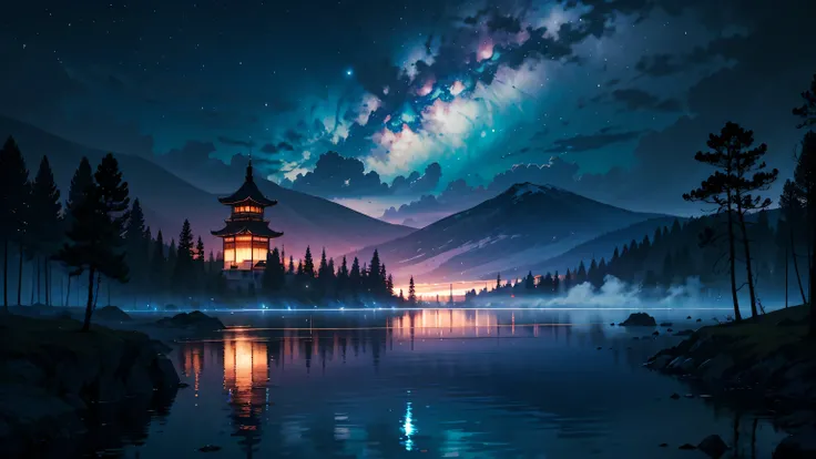 a fantastic lake floating in the forest on a quiet night。Moonlight is reflected on the surface of the lake and、Surrounding trees々is shrouded in blue fog。Stars in the sky々Sparkle、Thin clouds flow、 a mysterious mountain in the distance 々 floating 。There is a...